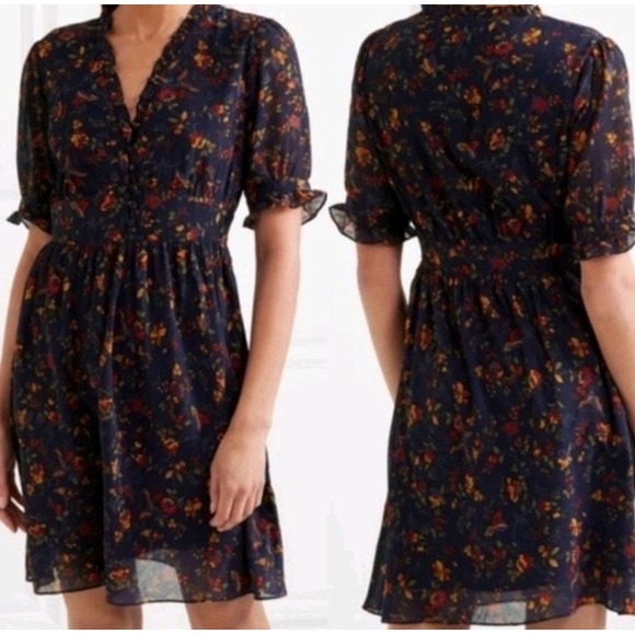 Madewell Floral Ruffle Dress SZ 2 Navy Boho Milkmaid  Wedding Guest Freesia - Picture 1 of 15